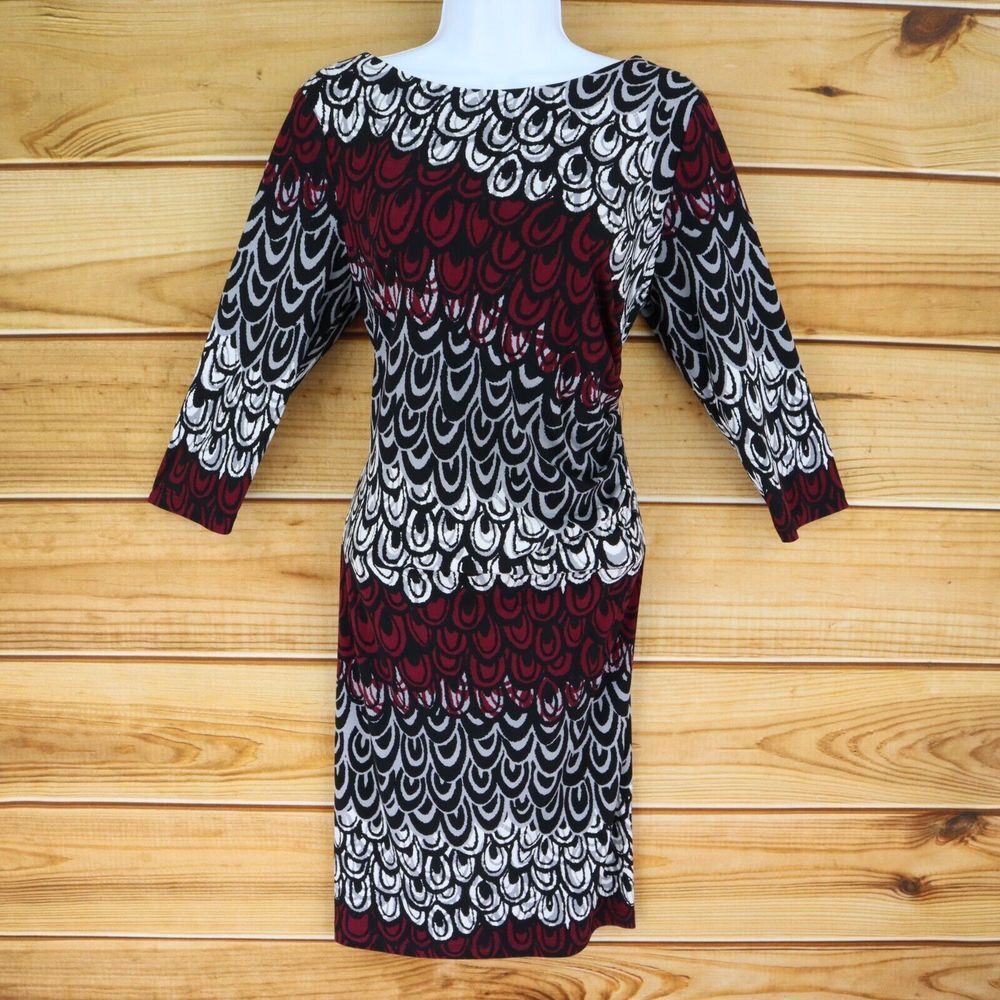 Cato Pencil Dress Womens 12 Multicolor Geometric 3/4 Sleeves Stretch Zip Closure